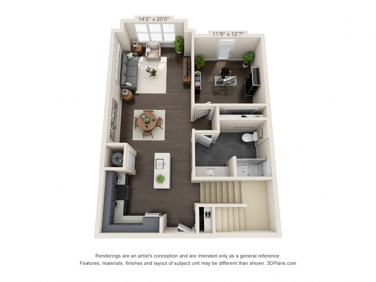 Floor plan for 1 bed, 2 baths, 1472 sqft